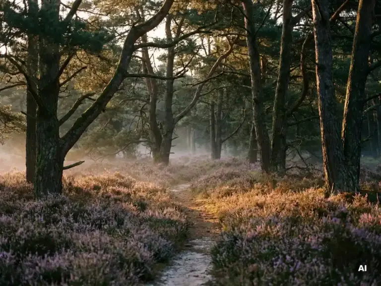 Mistig Veluwse dennenbos bij gouden uur, met paarse heide, lange amberkleurige schaduwen en ochtendnevel tussen de boomstammen.