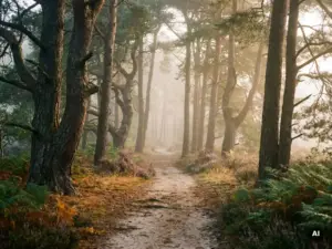 Mistig bospad op de Veluwe met oude pijnbomen, paarse heide en gouden ochtendlicht dat door de boomkruinen filtert.