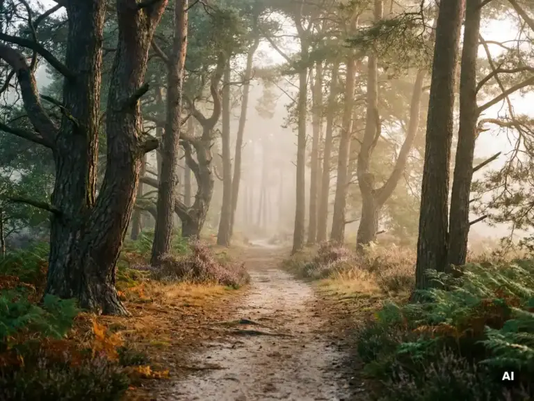 Mistig bospad op de Veluwe met oude pijnbomen, paarse heide en gouden ochtendlicht dat door de boomkruinen filtert.
