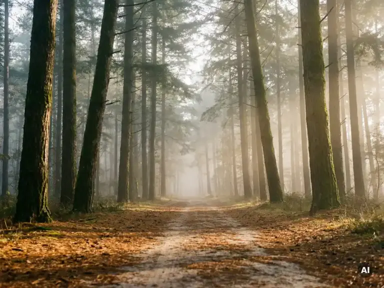 Mistig bospad op de Veluwe met hoge pijnbomen, gouden ochtendlicht en een tapijt van amberkleurige dennennaalden.