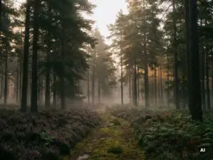 Mistig bospad op de Veluwe met hoge pijnbomen, paarse heide en gouden ochtendlicht dat door het bladerdak filtert.