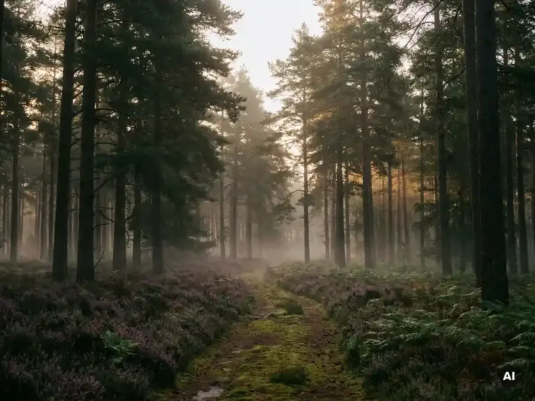 Mistig bospad op de Veluwe met hoge pijnbomen, paarse heide en gouden ochtendlicht dat door het bladerdak filtert.