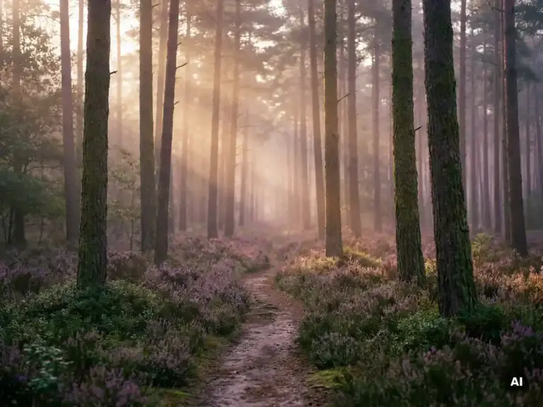 Mistig bospad op de Veluwe met zonnestralen door oude dennenbomen en een tapijt van paarse heide op de achtergrond.