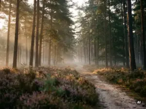 Mistige ochtendzon filtert door hoge dennenbomen op de Veluwe, met gouden lichtstralen over een tapijt van paarse heide langs een kronkelend zandpad.