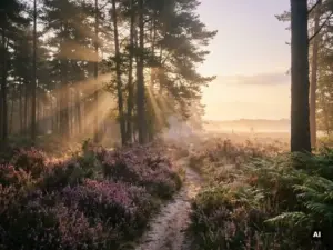 Mistige ochtend in het Veluwse dennenbos met gouden lichtstralen door lage nevel boven paarse heide langs een smal zandpad.