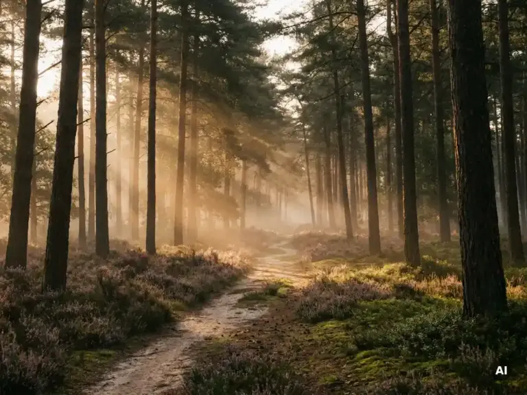 Mistig ochtendlicht door hoge dennenbomen op de Veluwe, met gouden zonnestralen boven paarse heidegrond en een kronkelend zandpad.