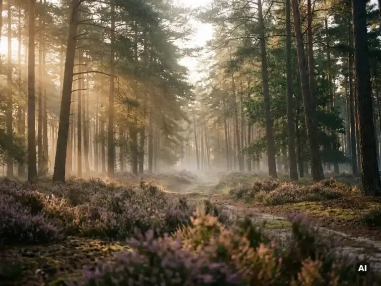 Gouden ochtendlicht door dennenbos op de Veluwe, met paarse heide op de bosbodem en lage mist tussen de bomen.