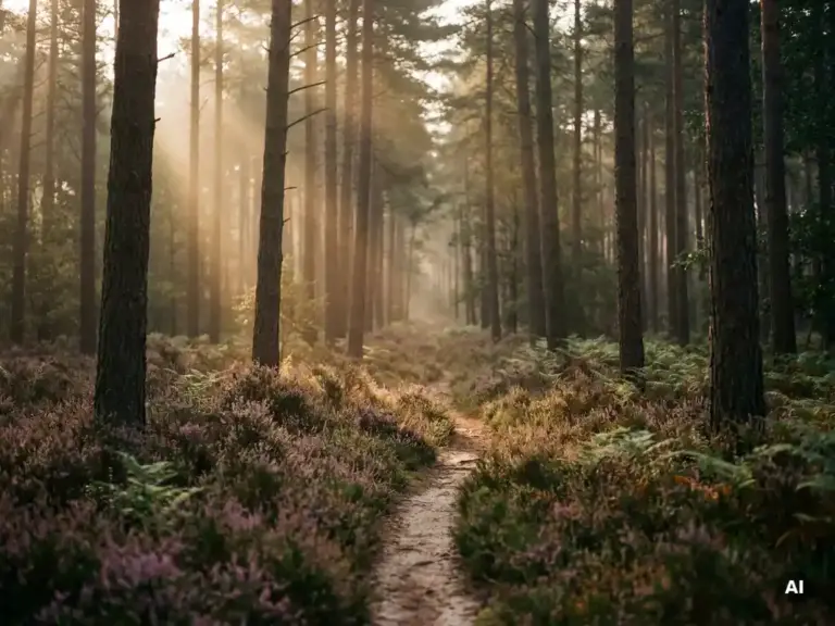 Ochtendmist tussen hoge dennenstammen in het Veluwse bos, met paarse heide en een smal zandpad in warm goudkleurig tegenlicht.