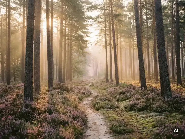 Ochtendmist tussen hoge dennenbomen op de Veluwe, gouden licht over paarse heide langs een smal zandpad.