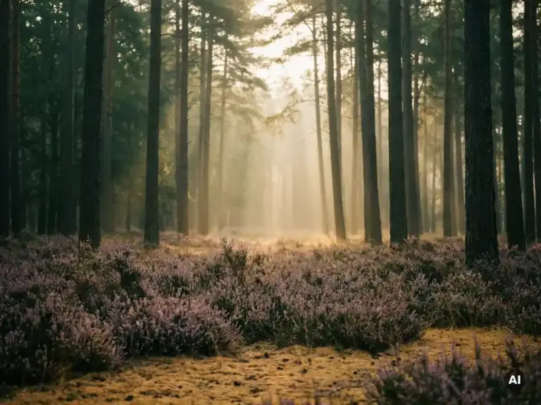 Ochtendmist tussen hoge dennenbomen in het Veluwse bos, met paarse heide en zacht gouden licht op de zandbodem.