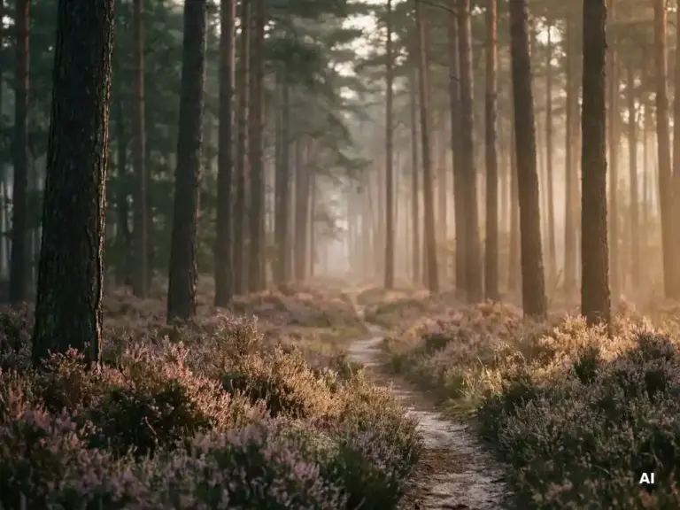 Ochtendmist tussen hoge dennenbomen op de Veluwe, met paarse heide langs een smal zandpad in zacht goudkleurig licht.