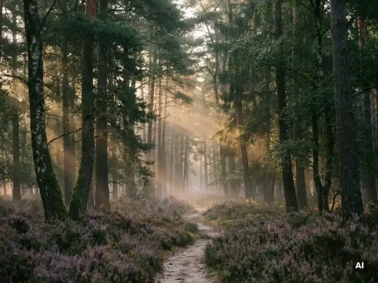 Mistig ochtendlicht tussen hoge dennenbomen op de Veluwe, met gouden zonnestralen op een tapijt van paarse heide langs een smal zandpad.