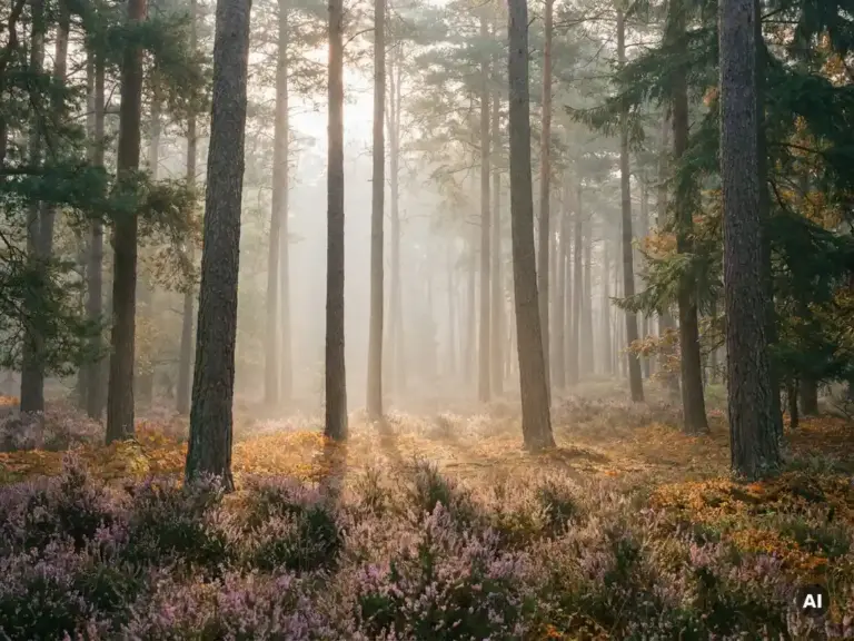 Ochtendmist tussen hoge dennenbomen op de Veluwe, met paarse heide op de bosbodem en zacht herfstig licht.
