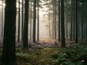 Ochtendmist tussen hoge dennenbomen in het Veluwse bos, met paarse heide en met mos bedekte bosbodem op de voorgrond.