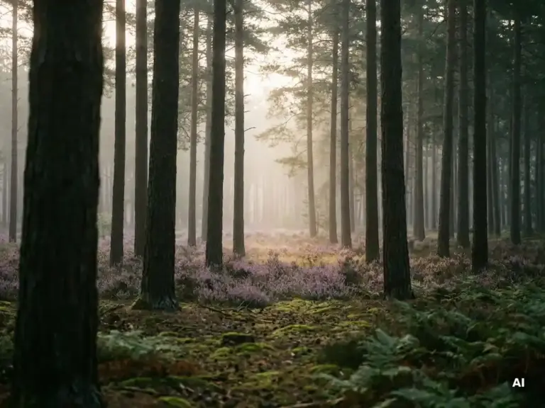 Ochtendmist tussen hoge dennenbomen in het Veluwse bos, met paarse heide en met mos bedekte bosbodem op de voorgrond.