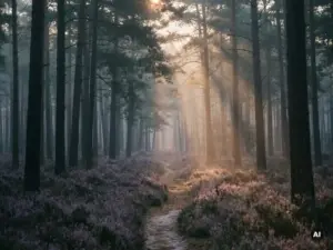 Ochtendmist tussen hoge dennenstammen op de Veluwe, met paarse heide en zacht amberkleurig licht langs een smal zandpad.