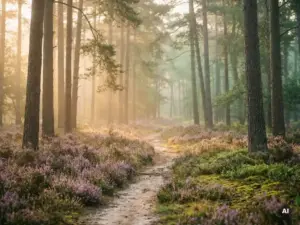 Ochtendmist tussen hoge dennenbomen in het Veluwse bos, met paarse heide en zacht gefilterd licht op een smal zandpad.