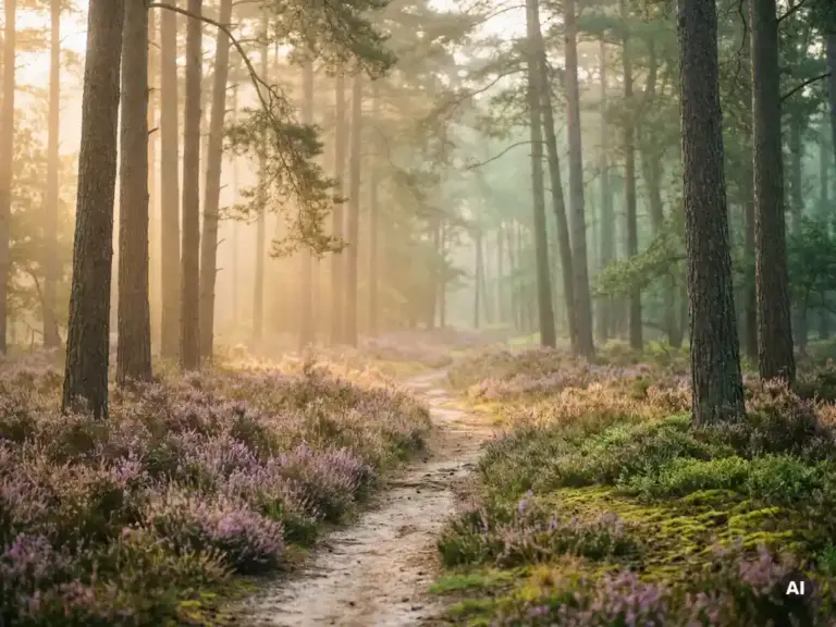 Ochtendmist tussen hoge dennenbomen in het Veluwse bos, met paarse heide en zacht gefilterd licht op een smal zandpad.