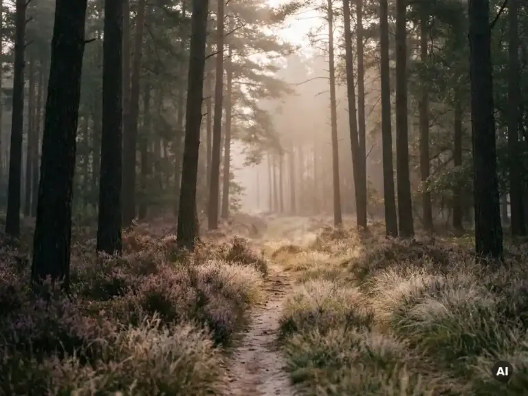 Ochtendmist tussen hoge dennenbomen op de Veluwe, met paarse heide langs een smal zandpad dat verdwijnt in de nevel.