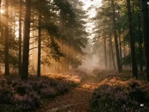 Mistige ochtend in het Veluwse dennenbos met gouden zonnestralen door het bladerdak op een tapijt van paarse heide.