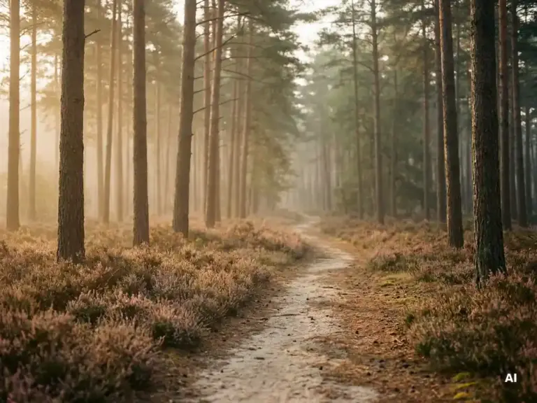 Ochtendmist in een Veluwse dennenbos met gouden licht tussen rechte stammen, paarse heide en een zandpad dat in de nevel verdwijnt.