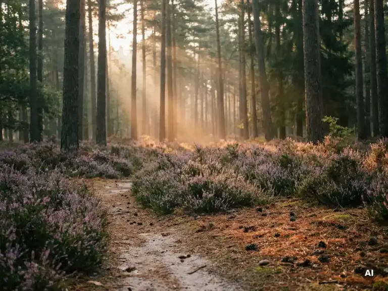 Ochtendmist tussen hoge dennenstammen in het Veluwse bos, met paarse heide en een smal bospad in zacht goudlicht.