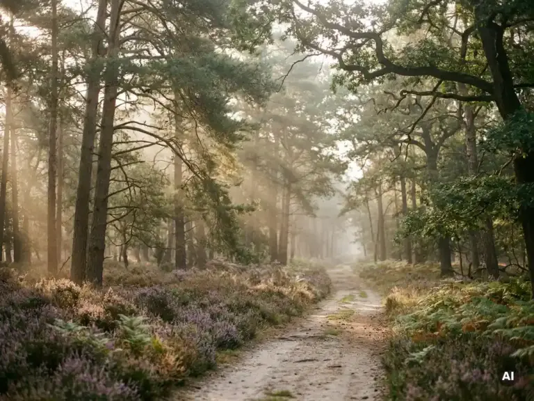 Mistig ochtendlicht door hoge dennenbomen op de Veluwe, gouden zonnestralen over paarse heide langs een zandpad.