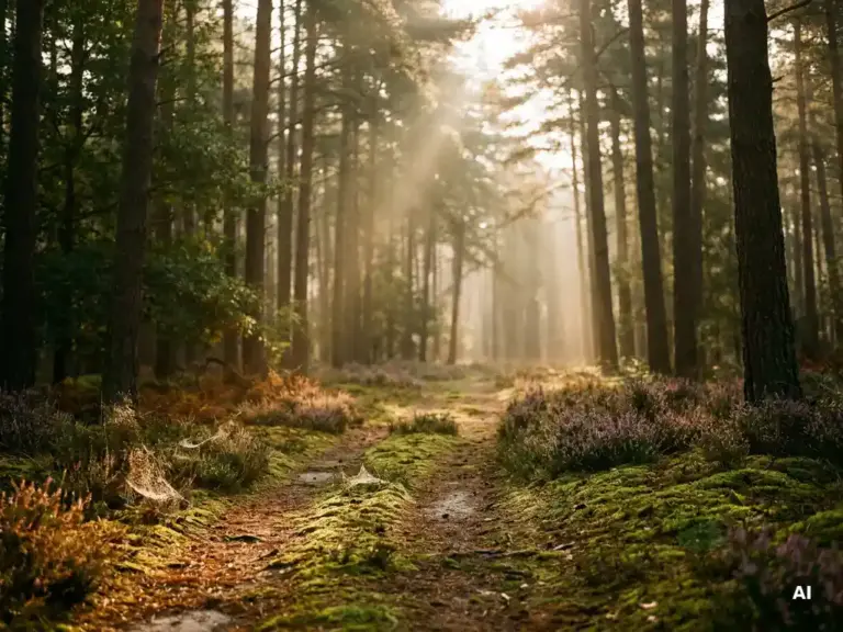 Gouden ochtendmist tussen dennenbomen op de Veluwe, met zonnestralen over een heipad en paarse heide op de achtergrond.