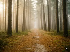 Ochtendmist tussen hoge dennenbomen in het Veluwse bos, met gouden herfstlicht op een smal zandpad bezaaid met amberkleurige naalden.