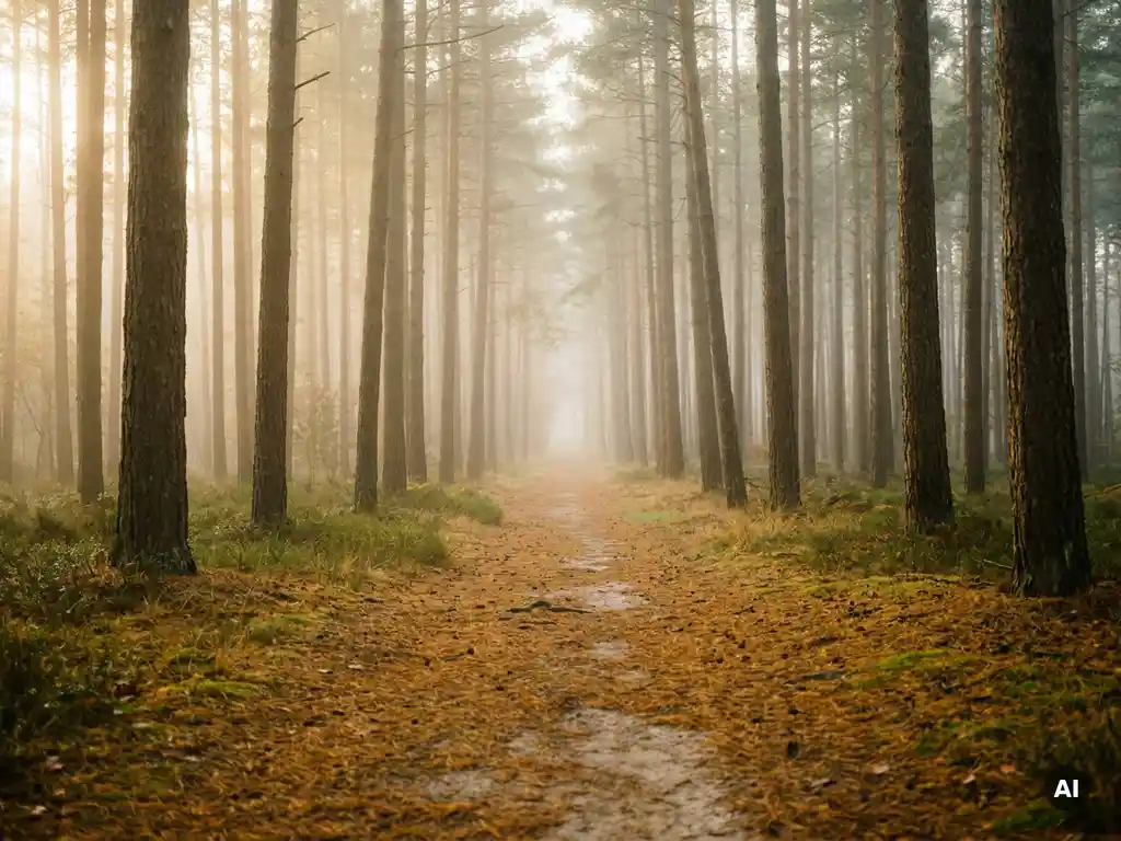 Ochtendmist tussen hoge dennenbomen in het Veluwse bos, met gouden herfstlicht op een smal zandpad bezaaid met amberkleurige naalden.