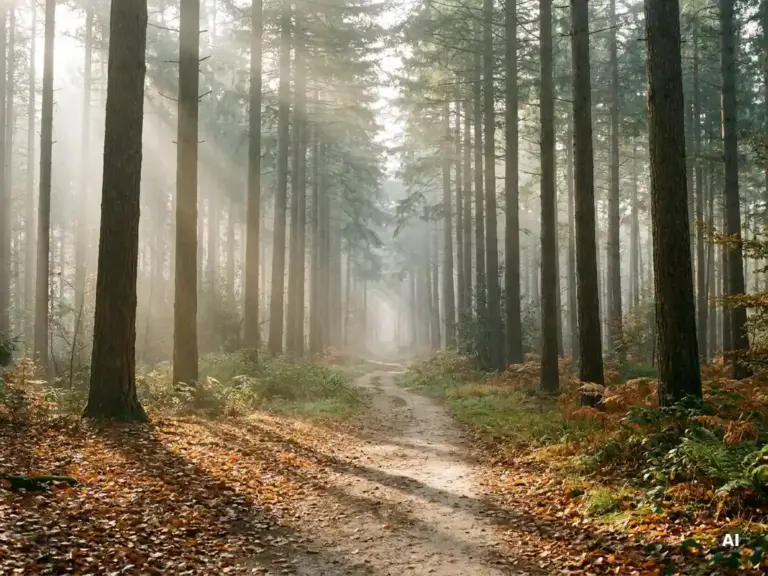 Ochtendmist tussen hoge dennenbomen in het Veluwse bos, gouden herfstlicht over een smal zandpad met amberkleurig gevallen blad.