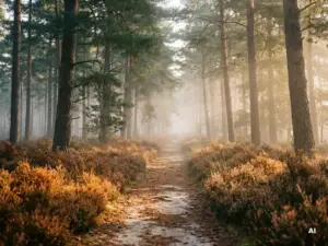 Mistige ochtend in het Veluwse dennenbos met gouden herfstlicht tussen rechte stammen en een smal zandpad door paarse heide.
