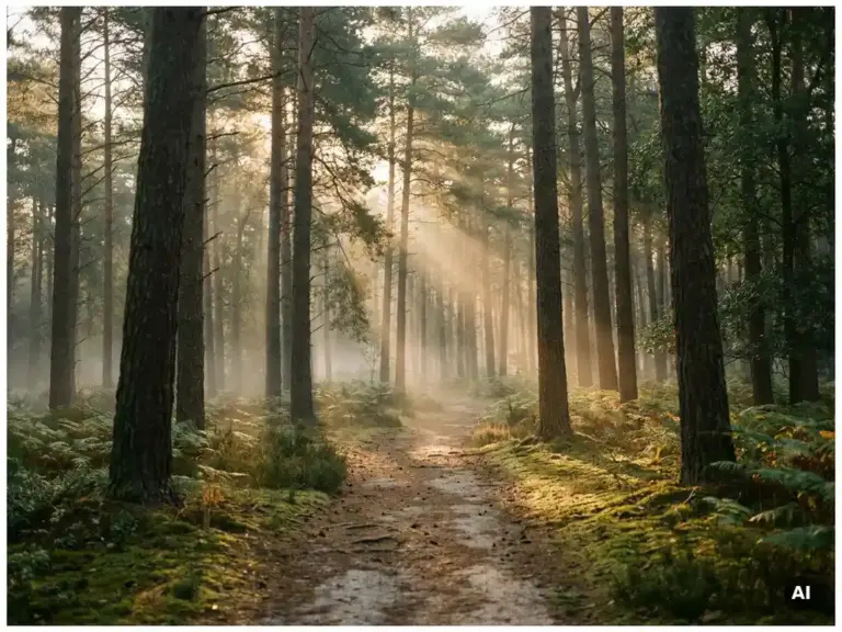 Mistig ochtendlicht tussen hoge dennenbomen op de Veluwe, gouden zonnestralen door het bladerdak op een bemost zandpad.