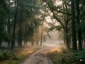 Mistig ochtendlicht door hoog dennenbos op de Veluwe, gouden zonnestralen over zandpad met paarse heide op de achtergrond.