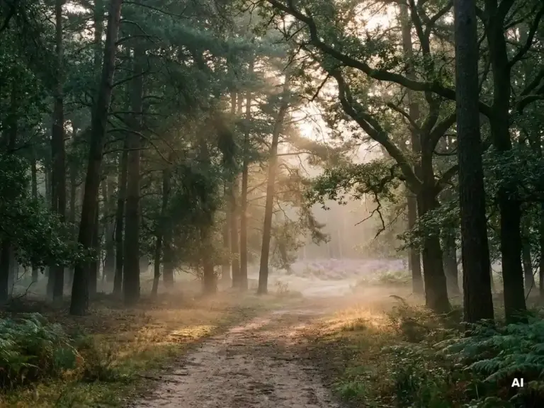 Mistig ochtendlicht door hoog dennenbos op de Veluwe, gouden zonnestralen over zandpad met paarse heide op de achtergrond.