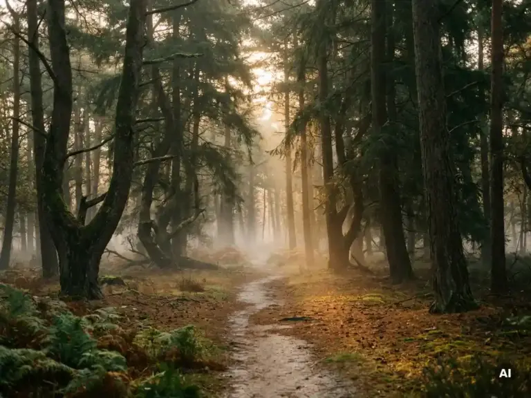 Mistige ochtend in het Veluwse dennenbos met gouden zonnestralen door het bladerdak en lage mist tussen de boomstammen.