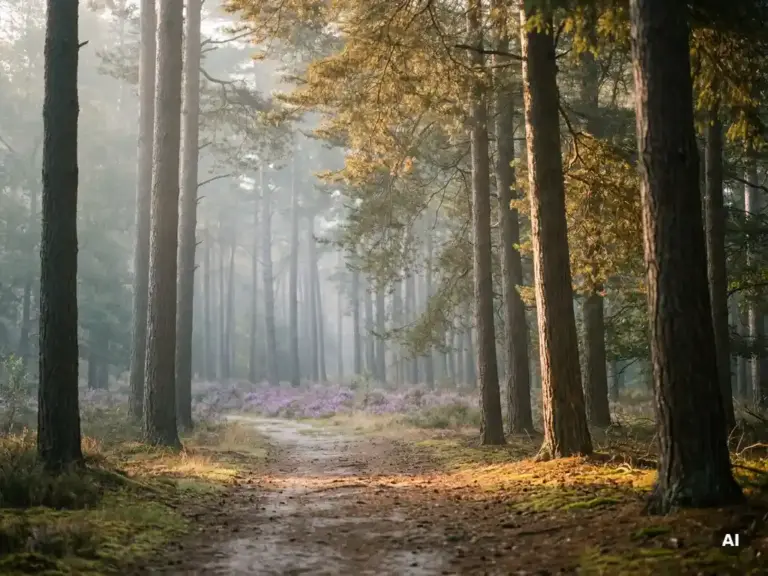 Mistig bospad door oude dennenbomen op de Veluwe, met gouden ochtendlicht, paarse heide op de achtergrond.