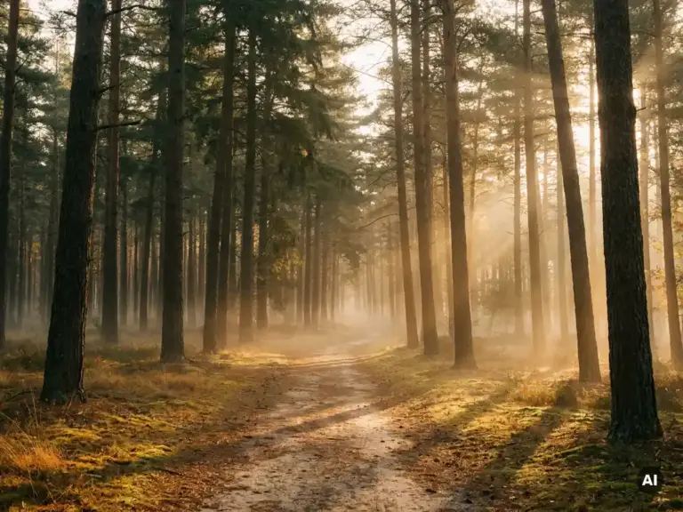 Ochtendmist tussen hoge dennenbomen in het Veluwse bos, gouden herfstlicht werpt lange schaduwen over een kronkelend zandpad.