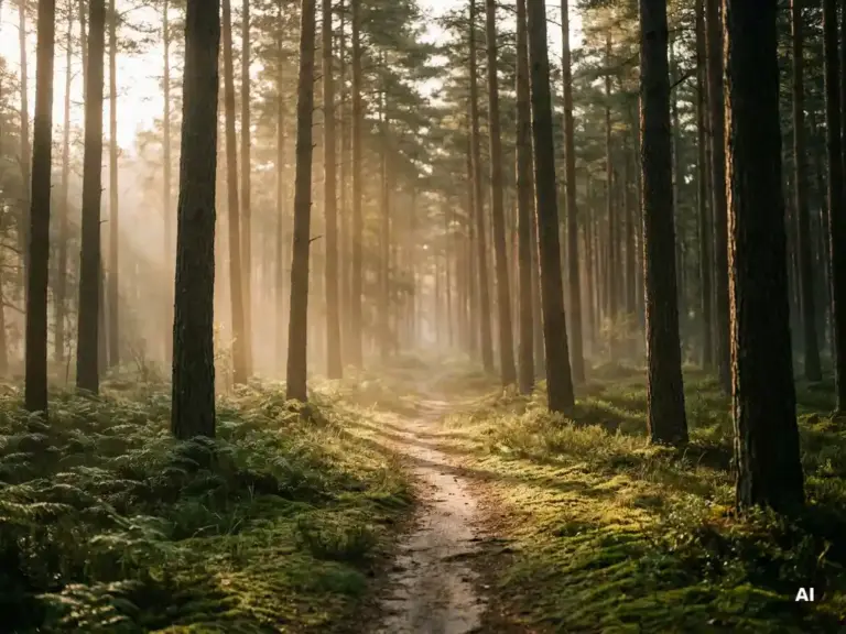 Ochtendmist tussen hoge dennenstammen in het Veluwse bos, gouden licht over een smal zandpad met mos.
