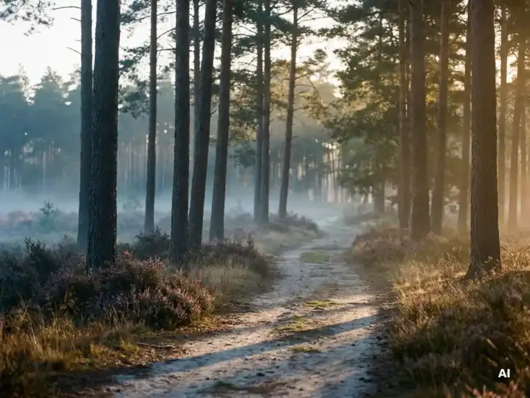 Ochtendmist tussen hoge dennenbomen op de Veluwe, gouden licht werpt lange schaduwen op een zandig bospad met paarse heide.