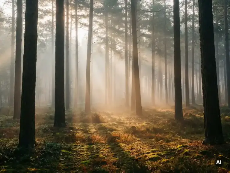 Ochtendmist tussen hoge dennenbomen in de Veluwe, met gouden zonlicht op een bemostе bosboden.