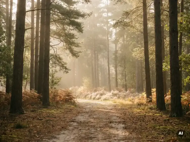 Ochtendmist tussen hoge dennenbomen op de Veluwe, gouden licht op een zandpad met paarse heide op de achtergrond.