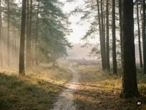 Ochtendmist tussen hoge dennenbomen op de Veluwe, zacht goudkleurig licht over een zandpad met paarse heide op de achtergrond.