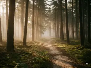 Ochtendmist tussen hoge dennenbomen in het Veluwse bos, zacht goudkleurig licht over een smal zandpad met mos.