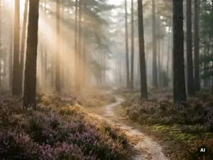 Ochtendmist tussen hoge dennenstammen in het Veluwse bos, gouden licht over paarse heide langs een smal zandpad.