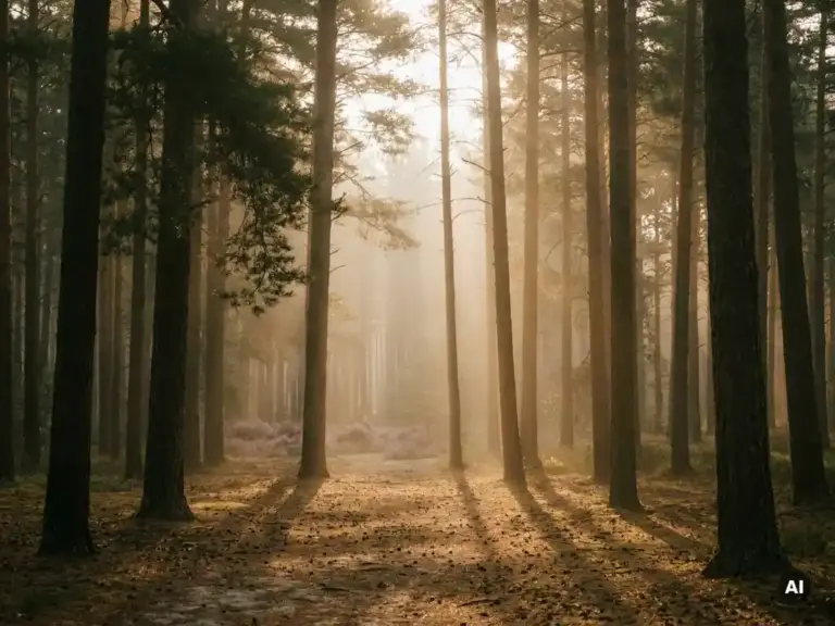 Ochtendmist tussen hoge dennenbomen in het Veluwse bos, met zacht goudkleurig licht, lange schaduwen op zandbodem en paarse heide op de achtergrond.
