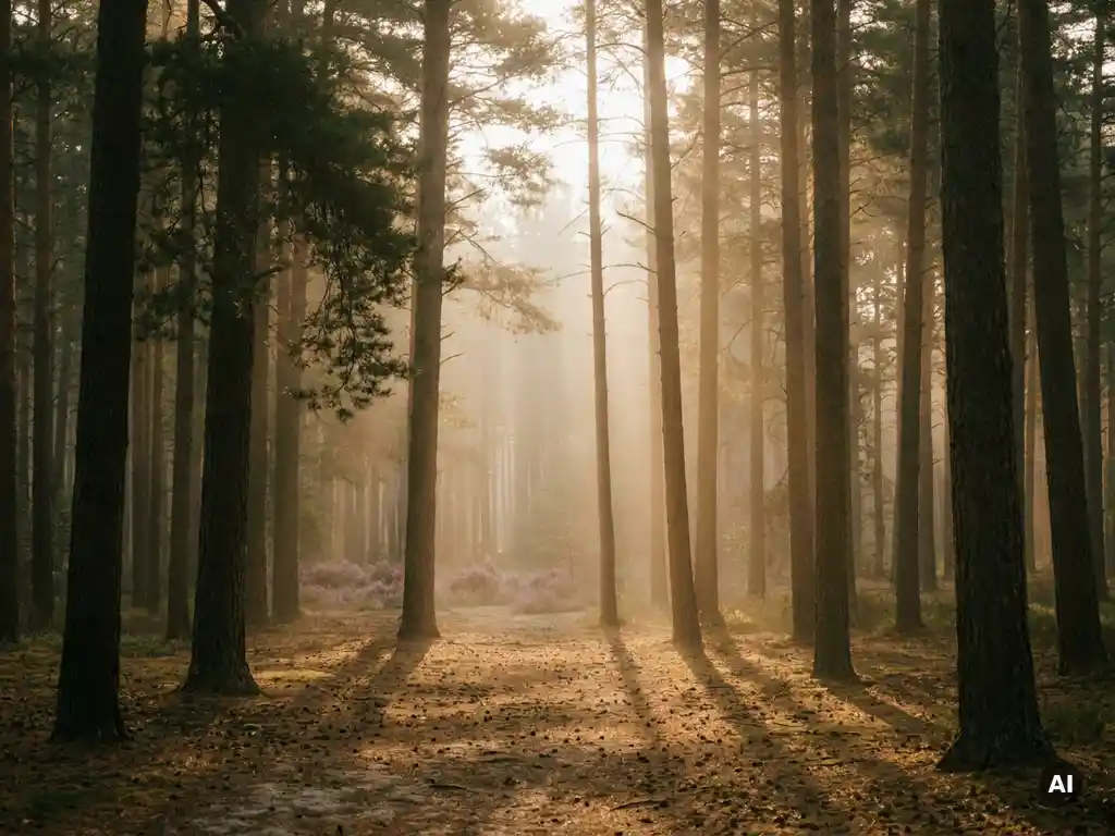Ochtendmist tussen hoge dennenbomen in het Veluwse bos, met zacht goudkleurig licht, lange schaduwen op zandbodem en paarse heide op de achtergrond.