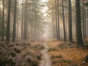 Ochtendmist tussen hoge dennenstammen in het Veluwse bos, met paarse heide en een smal zandpad dat verdwijnt in de nevel.