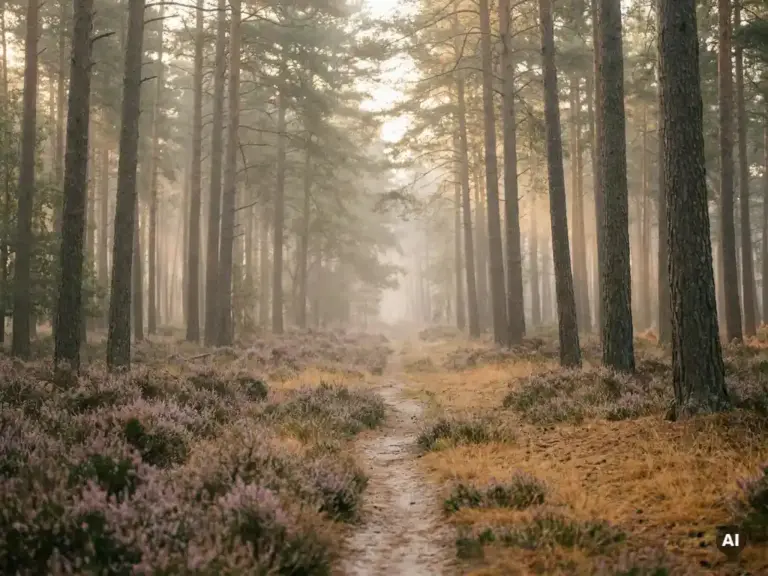 Ochtendmist tussen hoge dennenstammen in het Veluwse bos, met paarse heide en een smal zandpad dat verdwijnt in de nevel.