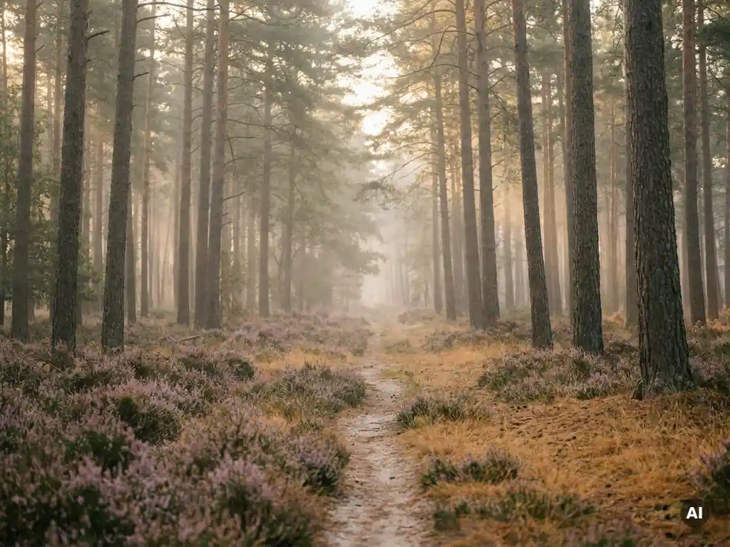Ochtendmist tussen hoge dennenstammen in het Veluwse bos, met paarse heide en een smal zandpad dat verdwijnt in de nevel.